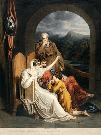 Koningin Judith reciteert aan Alfred als kind de liederen van de barden die de heldendaden van zijn voorouders beschrijven, uitgegeven 1801 door Richard Westall